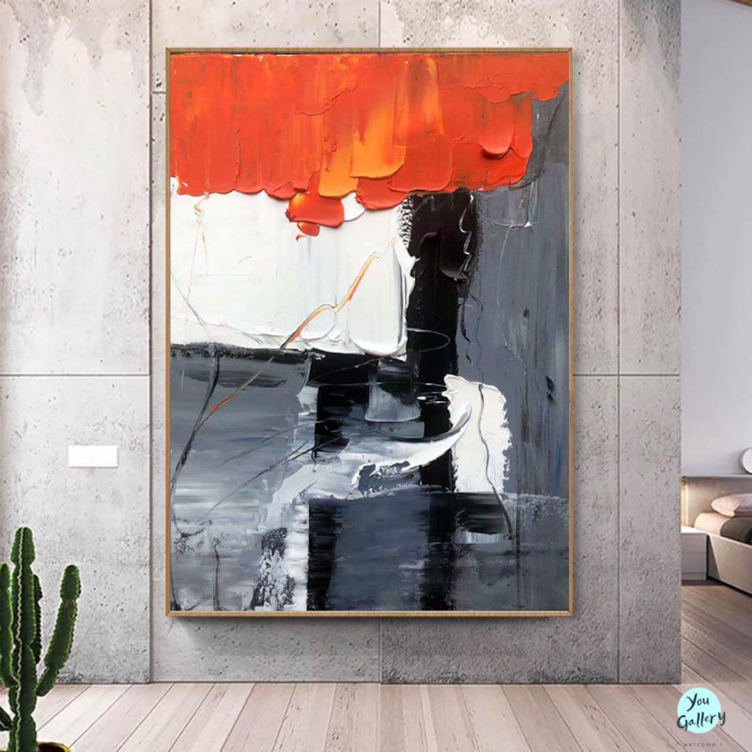 Large Original Gray Abstract Painting Orange Painting, Modern Hand Oil ...