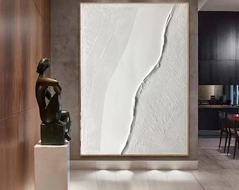 Minimalist Art,Acrylic Seawaves Paintings,Large White 3D Textured Painting,Palette Knife Abstract Painting,Wall Art for Living Room