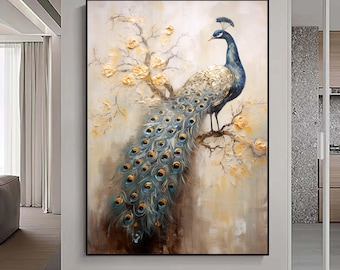 Abstracte pauw met bloemkunstwerken, extra grote originele kunst, grijs en goud getextureerd schilderij op canvas, grote canvas muurkunst,