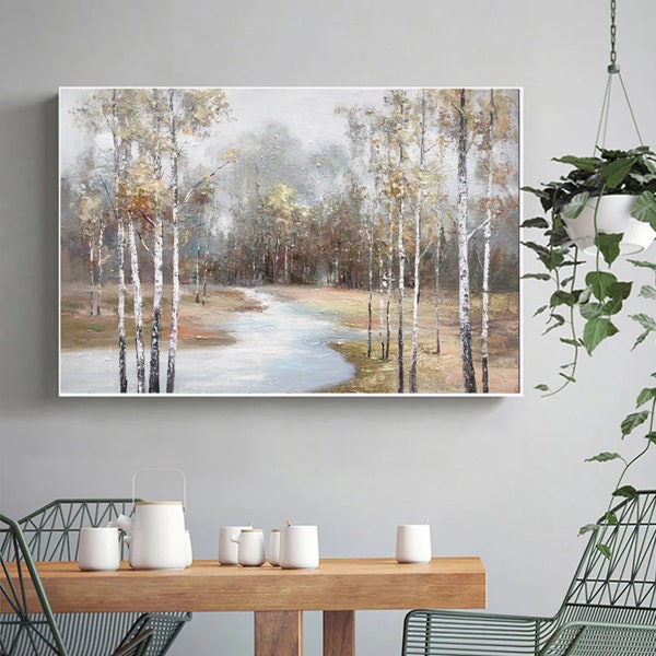 autumn landscape,birch trees painting,textured art,acrylic painting,birches painting,tree wall art,birch landscape,gray painting,