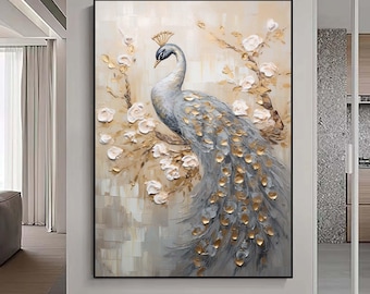 Abstracte pauw met bloemkunstwerken, extra grote originele kunst, grijs en goud getextureerd schilderij op canvas, grote canvas muurkunst,