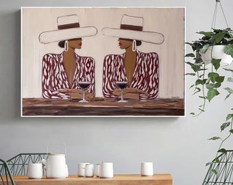 Original Western Cowgirl Wall Art Larger Faceless Woman Canvas Art The Elegant Lady Drink Wine Oil Painting Oversized Framed Art Wall Decor