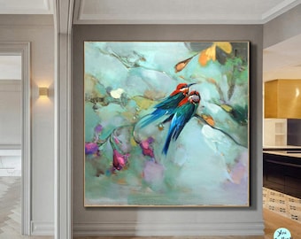 Birdies en bloemen olieverfschilderij, vogels op de tak schilderij, bloemen olieverfschilderij, realisme, bloemen olieverfschilderij, muur kunst canvas, moderne kunstwerken