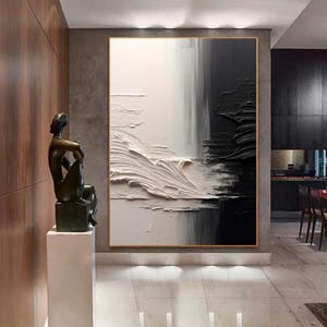 Black and White Textured Painting,Palette Knife 3D Abstract Painting,Hand-painted Acrylic Paintings,Minimalist Wall Art for Living Room