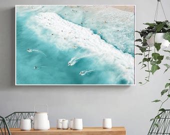 Abstract Boho Coastal Wall Art,Aerial Surfers Beach Painting,Original Sea Abstract  Painting,Ocean Texture Painting,Living Room Art