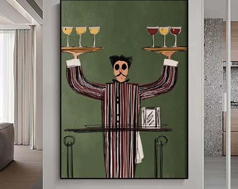Minimalist Retro Waiter Art  abstract Wall Art Mid-Century Modern Bar Decor Painting larger vertical handmade wall art