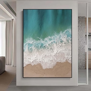 Large Ocean Canvas Painting,Original Sea Abstract Oil Painting,White Waves Texture Painting,Large Sky And Sea Painting,Living Room Art