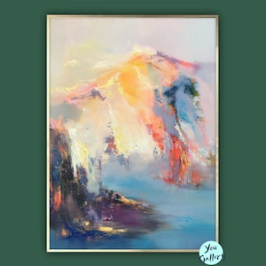 May include: Abstract oil painting on canvas featuring a colorful landscape with a mountain range in the background. The painting is dominated by shades of blue, pink, orange, and yellow, creating a sense of depth and movement.