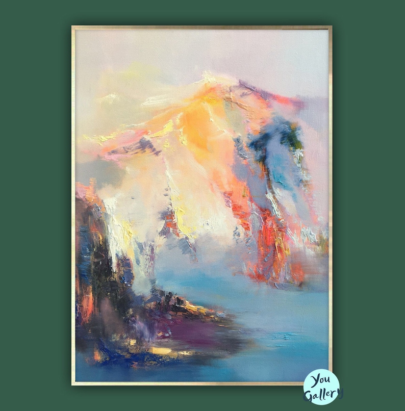 May include: Abstract oil painting on canvas featuring a colorful landscape with a mountain range in the background. The painting is dominated by shades of blue, pink, orange, and yellow, creating a sense of depth and movement.