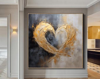 Extra large abstract love shape wall art,modern gray gold painting,large original painting,oversized textured painting,living room wall art