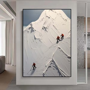 White Snow Painting Texture Climbing Wall Art Original Snow Mountain Climbing Painting Personalized Gift Climber on Snowy Mountain Art Decor