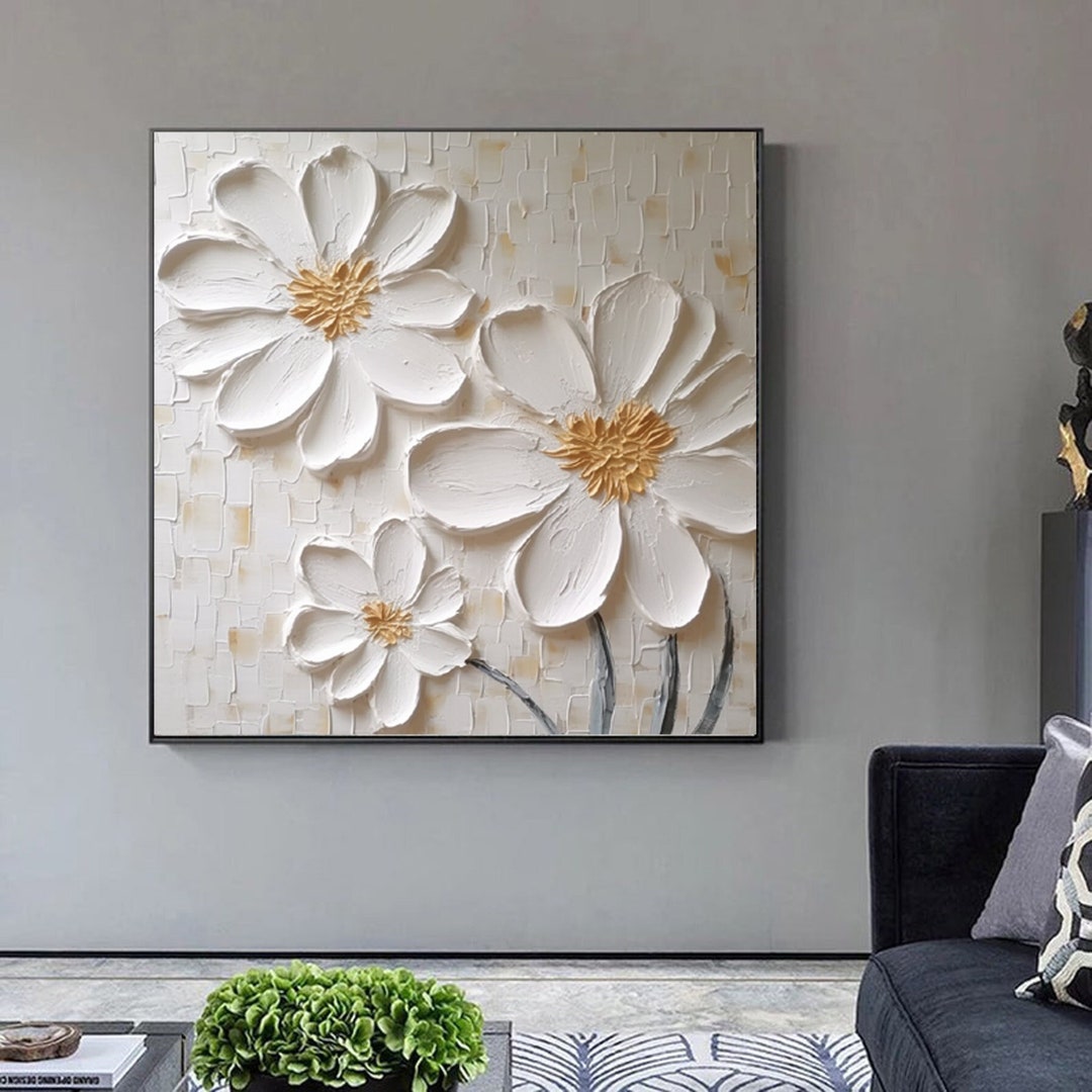 Large White 3D Floral Textured Painting,abstract Flowers Wall Art ...