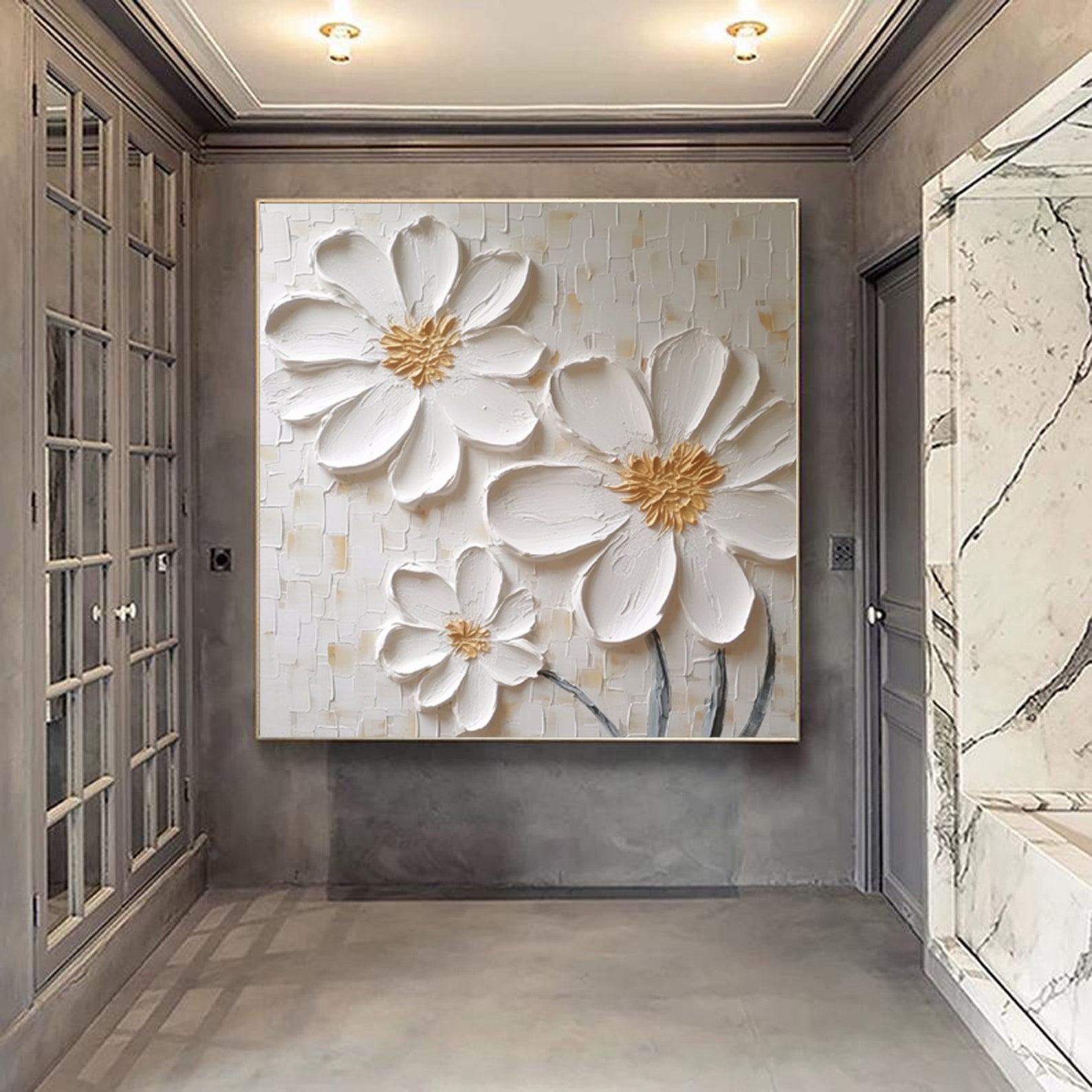 Large White 3D Floral Textured Painting,abstract Flowers Wall Art ...
