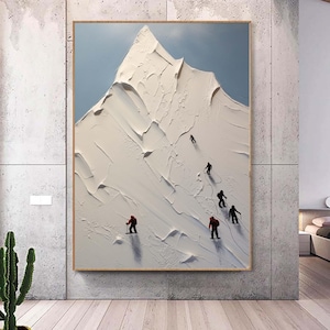 White Snow Painting Texture Climbing Wall Art Original Snow Mountain Climbing Painting Personalized Gift Climber on Snowy Mountain Art Decor