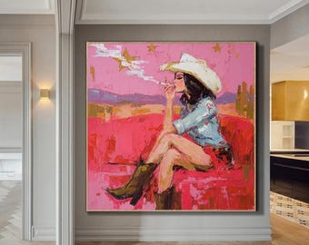 Woman Smoke Wall Art Larger Framed Canvas Art Original Abstract Cowgirl Smoking Painting Faceless Man Wall Art Modern Decor