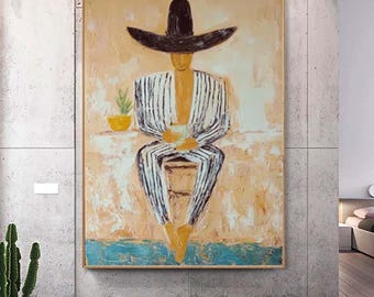 Minimalist Western cowboy abstract  painting The man with a drinking painting abstract man painting larger vertical handmade wall art