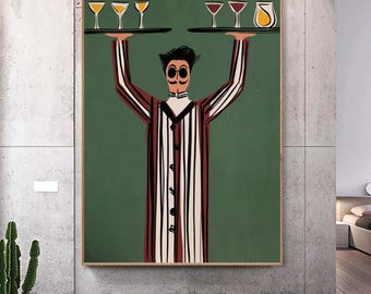 Minimalist Retro Waiter Art  abstract Wall Art Mid-Century Modern Bar Decor Painting larger vertical handmade wall art