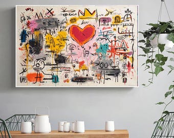 Large Abstract Romantic Graffiti Love Heart Painting Colorful Textured Street Canvas Art for Living Room