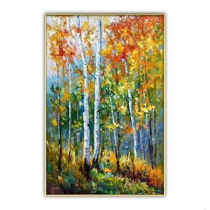 arte de cuchillo de paleta, pintura acrílica, pintura de abedules, pintura de abedules, arte de pared de árbol, paisaje de otoño, paisaje de abedul, pintura colorida,