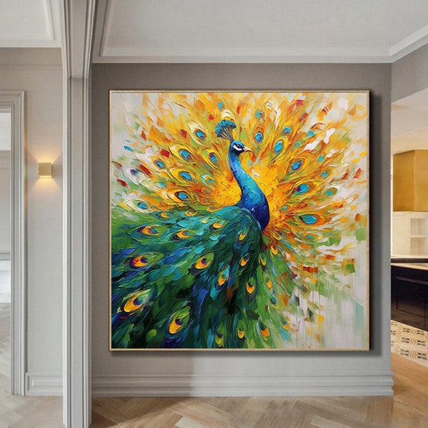 Palette Kinfe Peacock Wall Art,Original Animal Painting On Canvas,Impressionism Wall Décor,Abstract Modern Painting, Extra Large Wall Art