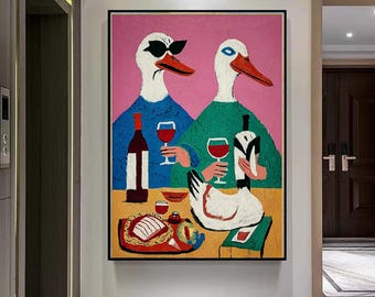 Große Enten-Wein-Party-Kunstmalerei-schrullige Tierkarikatur-texturierte Straßen-Leinwand-Kunst für Wohnzimmer