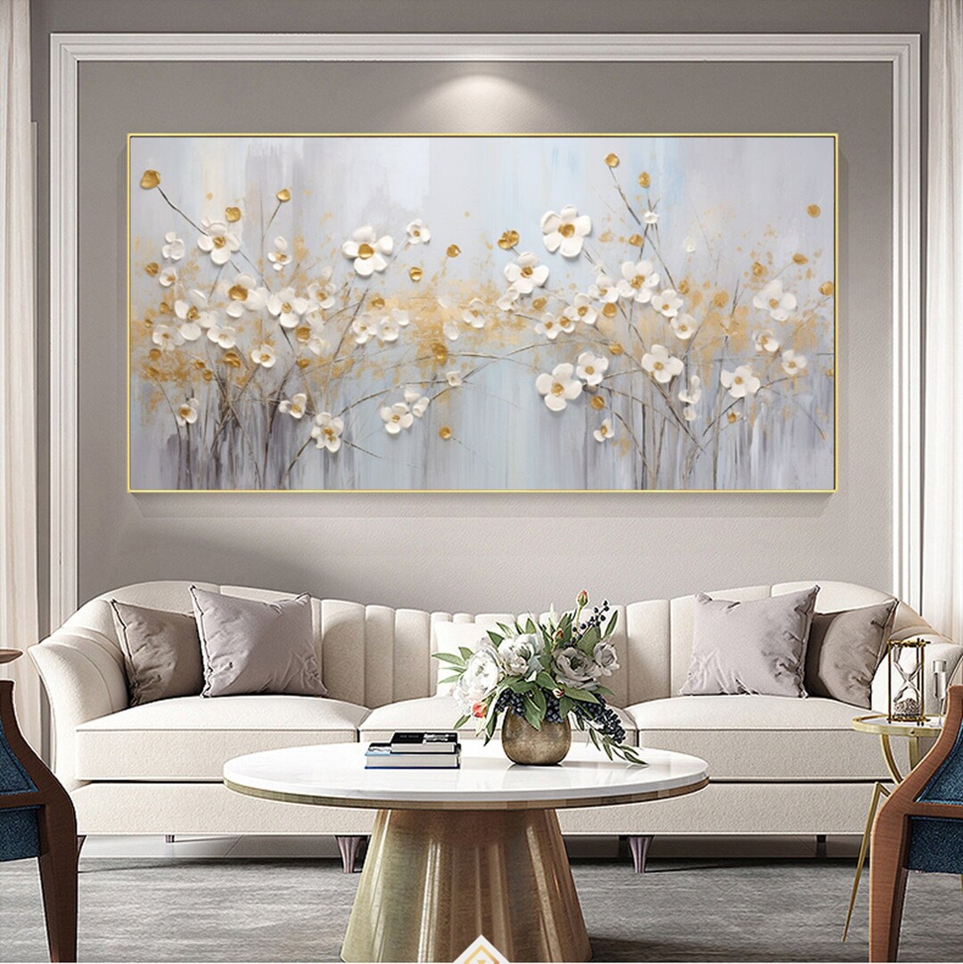 White Gold Abstract Floral Canvas Wall Arthand Painted Thick Textured ...
