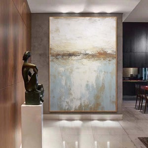 Blue Gold Textured Painting,Original Abstract Painting,Hand-painted Acrylic Paintings,Minimalist Wall Art for Living Room