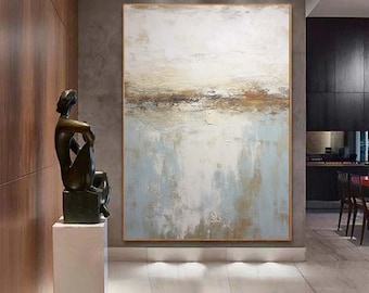 Blue Gold Textured Painting,Original Abstract Painting,Hand-painted Acrylic Paintings,Minimalist Wall Art for Living Room