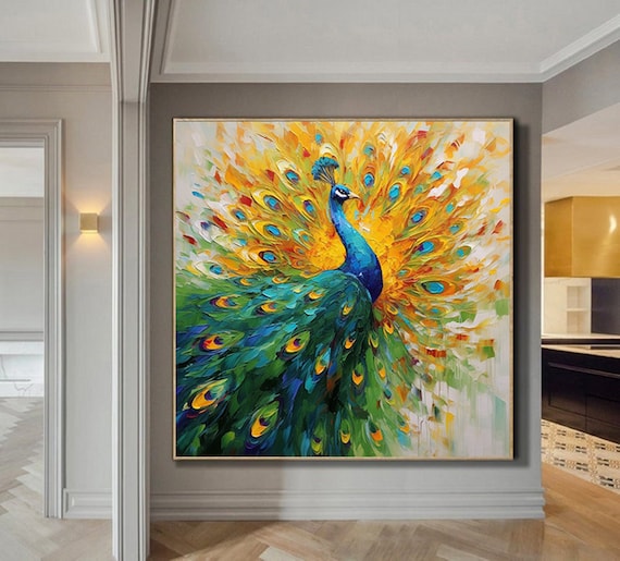 Palette Kinfe Peacock Wall Art,Original Animal Painting On Canvas,Impressionism Wall Décor,Abstract Modern Painting, Extra Large Wall Art