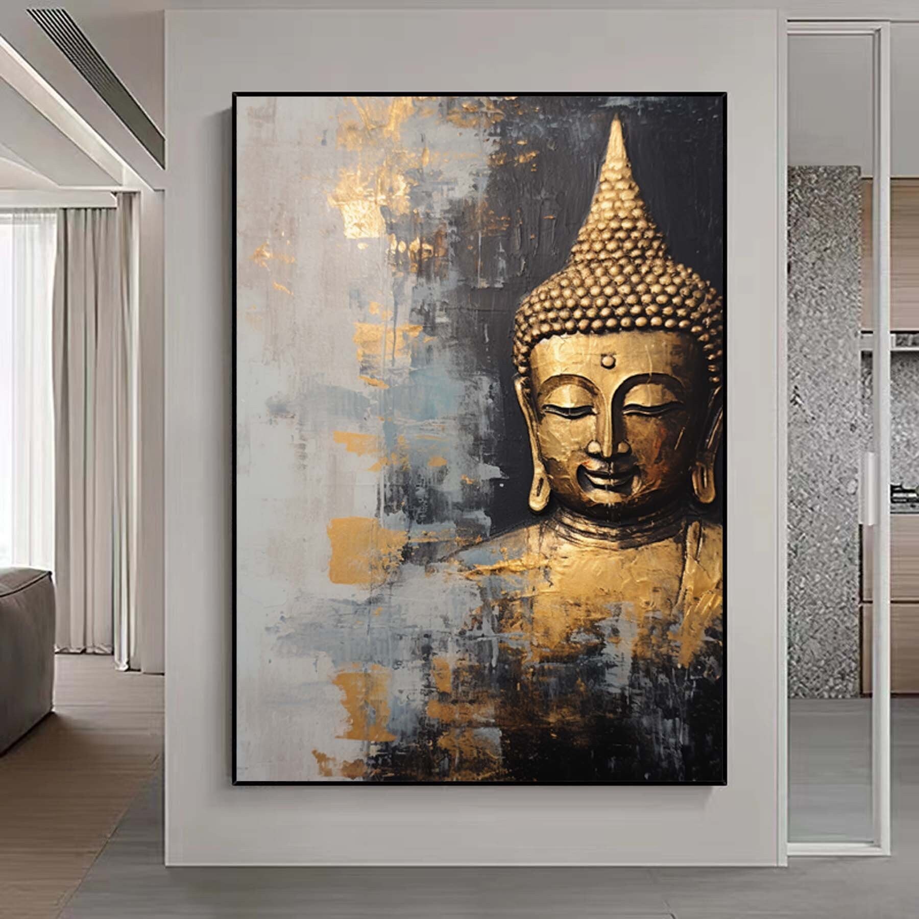 OuShen Statua di Buddha d'oro Dipinti su tela Meditazione Buddha Poster Moderno Buddista Decorativo Home Decor Wall Art Immagini 55x83 cm Senza