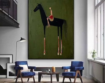 Abstract Equestrian and horse handmade painting Horse racing and Riders wall art horse wall art large green textured wall art man painting