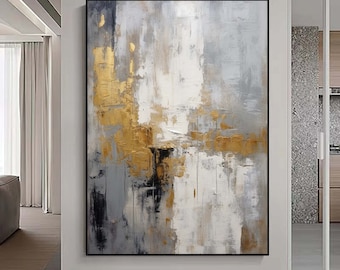 May include: Abstract painting with gold, white, and gray brushstrokes. The painting has a modern and contemporary style.