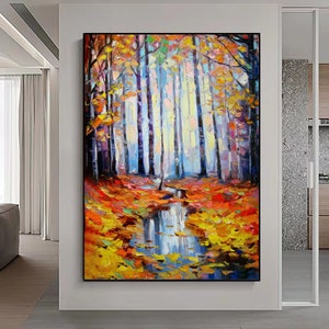 pintura de abedul, arte de espátula, pintura acrílica, pintura de abedules, arte de pared de árbol, paisaje de otoño, paisaje de abedul, pintura colorida,