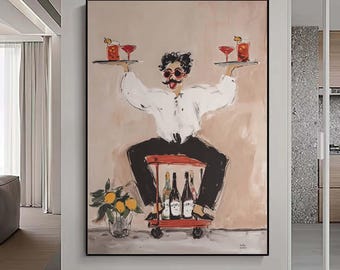 Minimalist Retro Waiter Art  abstract Wall Art Mid-Century Modern Bar Decor Painting larger vertical handmade wall art