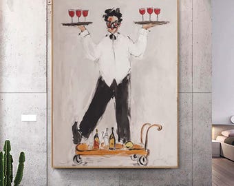 Minimalist Retro Waiter Art  abstract Wall Art Mid-Century Modern Bar Decor Painting larger vertical handmade wall art