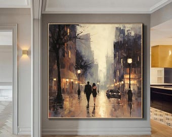 Abstract Cityscape Textured Wall Art,Oversized Impressionism City Night Scene Artwork,Large City abstract painting,Modern Wall art decor