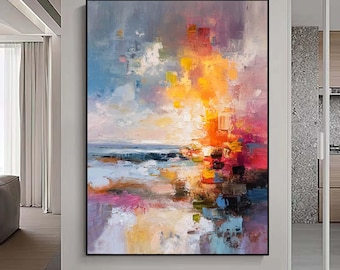Original Impasto Oil Painting, Textured Sunset Landscape Art, Modern Abstract Palette Knife Lake View, Large Wall Art Living Room Decor