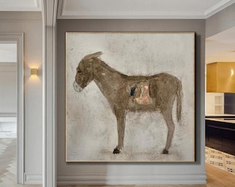 Cuadro mural extragrande de burro, figurativo abstracto moderno en gris y dorado, pintura acrílica de animales, pintura texturizada de gran tamaño, pintura de gran formato
