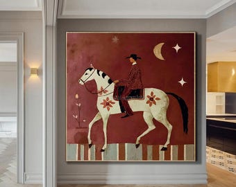 Vintage Abstract Horse Rider Painting Retro Red Minimalist Equestrian Wall Art Original Figurative Canvas Art
