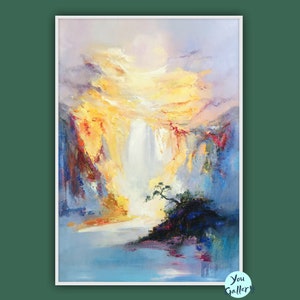 Original Waterfall landscape painting,Large mountain landscape painting on Canvas,Large Landscape abstract painting,Living room art painting