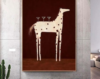 Abstract Equestrian and horse handmade painting Whimsical Horse with Martini Glasses Wall Art  large brown textured wall art man painting