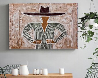 Minimalist Western cowboy abstract  painting The man with a drinking painting abstract man painting larger horizontal handmade wall art