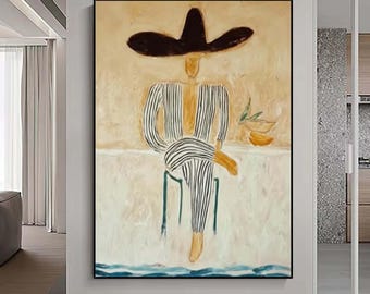 Minimalist Western cowboy abstract  painting The man with a drinking painting abstract man painting larger vertical handmade wall art