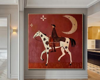 Vintage Abstract Horse Rider Painting Retro Red Minimalist Equestrian Wall Art Original Figurative Canvas Art