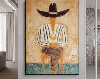 Minimalist Western cowboy abstract  painting The man with a drinking painting abstract man painting larger vertical handmade wall art