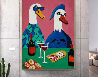Large Abstract Duck Wine Party Art Painting Quirky Animal Cartoon Textured Street Canvas Art for Living Room
