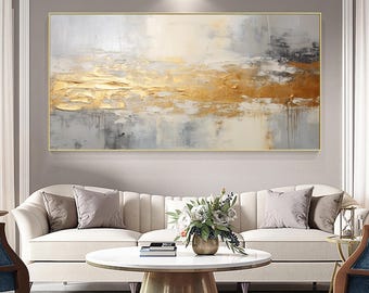 大きなグレーと白の壁アート グレーのテクスチャー絵画 ゴールドの抽象