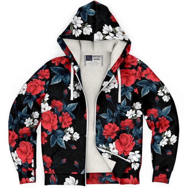 Roses Flowers Pattern Zip Up MicroFleece Hoodie, Roses Zip hoodie, Flowers Zip Hoodie, Red Roses Zip Hoodie, Floral Zip Hoodie