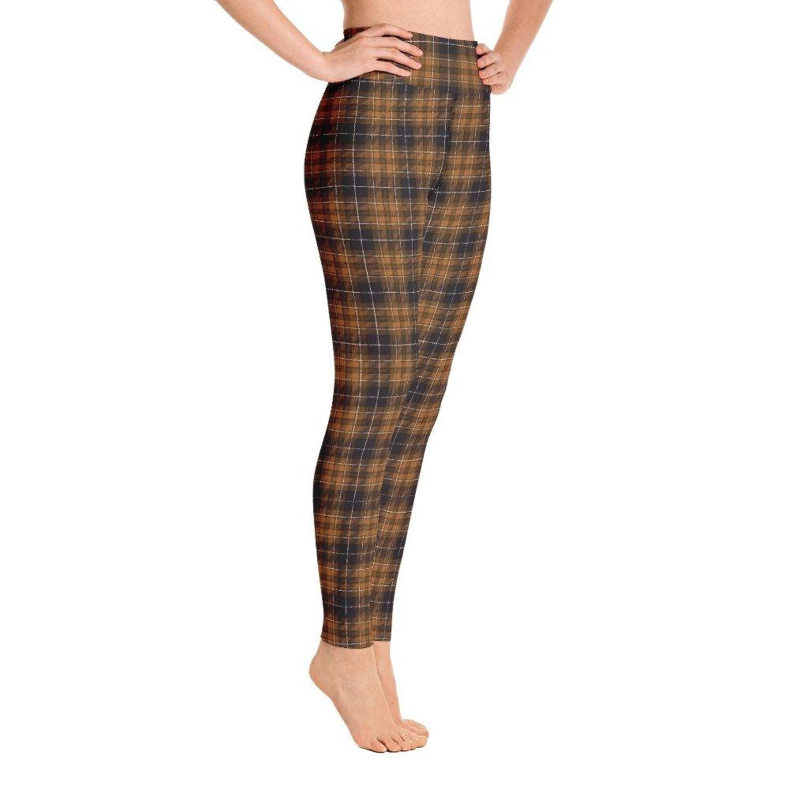 Brown Plaid Pattern Women's High Waist Pocketed Leggings Etsy
