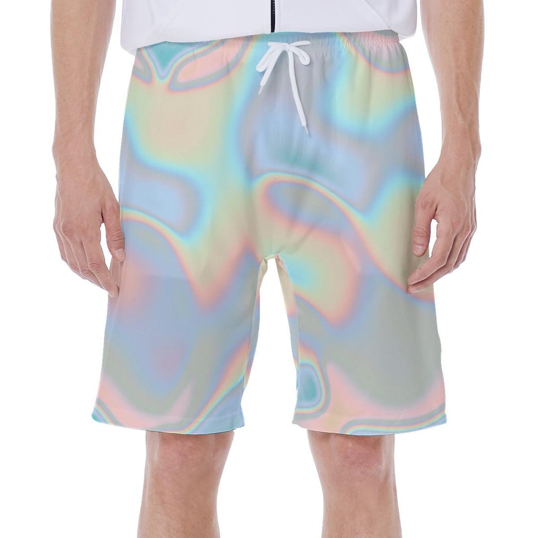 Ombre Iridescence Holographic Abstract Print Men's Beach Shorts, Surf